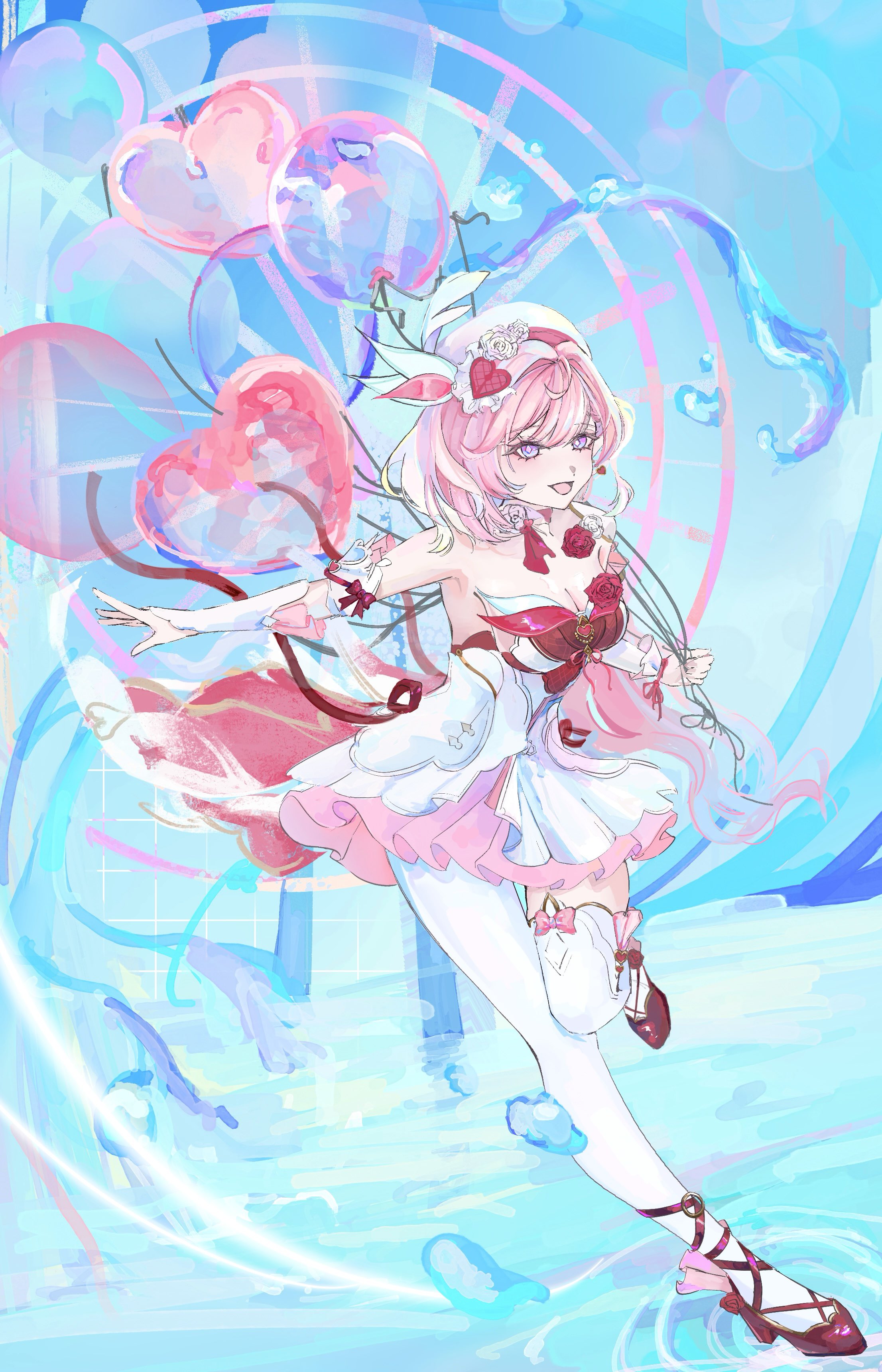 elysia (hi love elf) (honkai impact), elysia (honkai impact), honkai (series), honkai impact 3rd, absurdres, commentary request, highres, 1girl, balloon, beret, blue sky, breasts, cleavage, diamond-shaped pupils, diamond (shape), dress, ferris wheel, hat, holding, holding balloon, large breasts, multicolored hair, pink hair, popoko n, purple eyes, short hair, sky, smile, solo, symbol-shaped pupils, thighhighs, two-tone hair, wading, white dress, white hair, white thighhighs