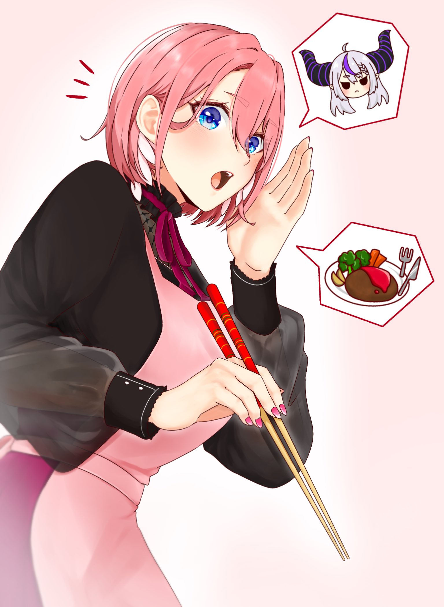 ringo 21 a, la+ darknesss, takane lui, hololive, commentary request, highres, 2girls, alternate costume, apron, black shirt, blue eyes, breasts, calling, chopsticks, cowboy shot, fingernails, hair between eyes, hand up, holding, holding chopsticks, long sleeves, looking at viewer, medium breasts, multiple girls, nail polish, notice lines, open mouth, pink apron, pink hair, pink nails, shirt, short hair, solo focus, spoken character, spoken food, virtual youtuber