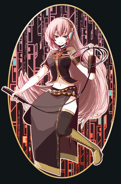 hgr (higure), leitoru, megurine luka, vocaloid, bad id, bad pixiv id, 1girl, blue eyes, boots, female focus, headphones, long hair, microphone, midriff, navel, pink hair, skirt, smile, solo, thighhighs