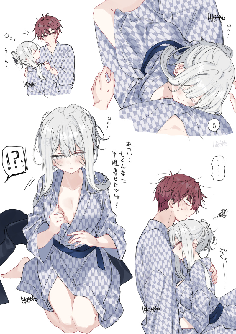 kazutake hazano, fuyukawa kagari, terui soushichi, hakanai kimi wa moukou wo hajimeru, commentary request, translation request, !?, …, 1boy, 1girl, artist name, barefoot, bath yukata, breasts, grey eyes, grey hair, hetero, japanese clothes, kimono, large breasts, multiple views, parted lips, red eyes, red hair, sleeping, sleepy, spoken ellipsis, spoken interrobang, squiggle, white background, yukata