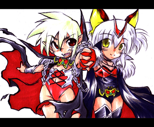 kamen rider kiva, kiva, kamen rider, lowres, 2girls, dark kiva, multiple girls