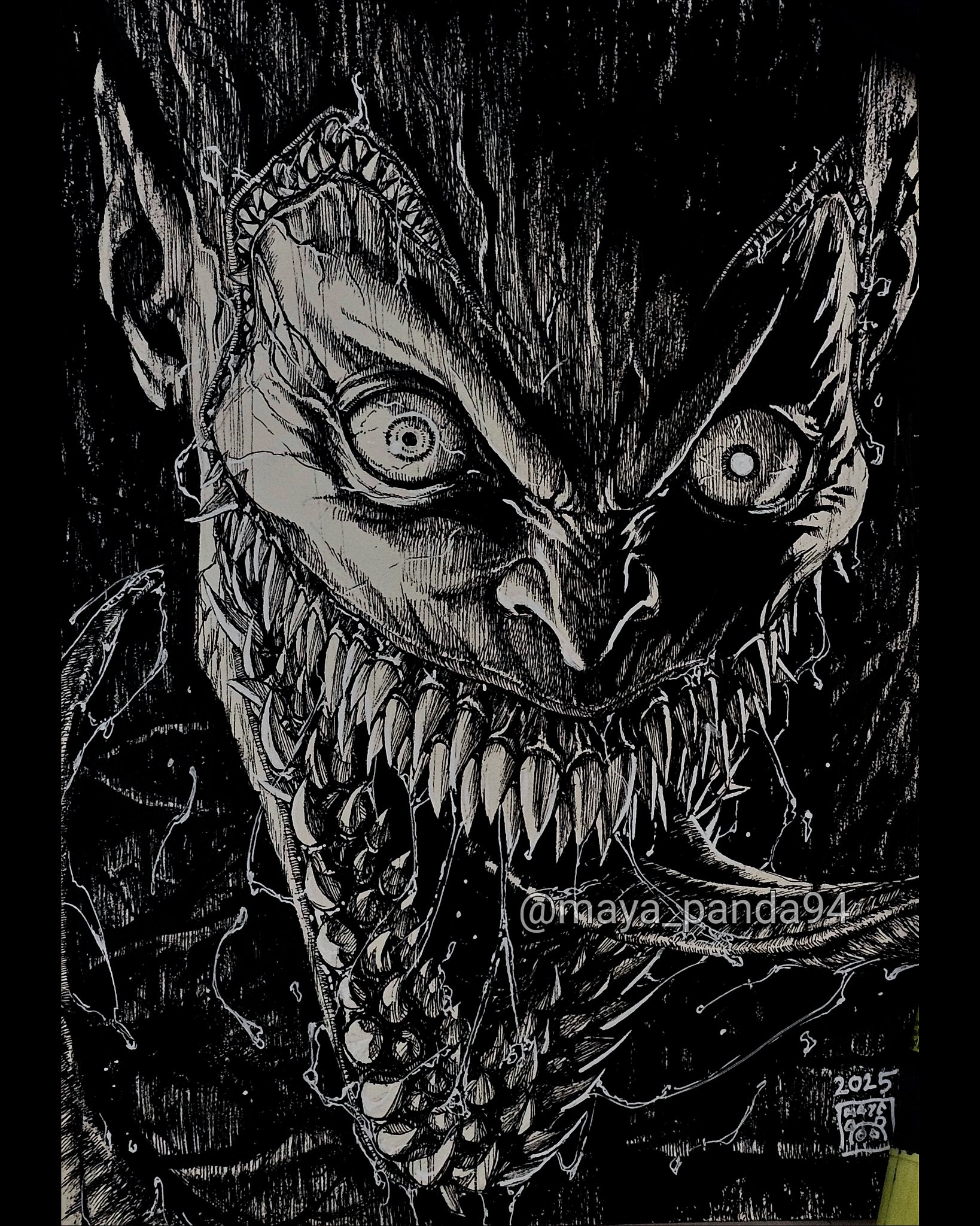 maya panda, the joker, absolute batman, absolute dc, dc comics, hashtag-only commentary, highres, marker (medium), traditional media, 1boy, 2025, crazy smile, greyscale, hatching (texture), horror (theme), long tongue, looking at viewer, male focus, monochrome, open mouth, portrait, saliva, sharp teeth, signature, smile, solo, teeth, tongue, tongue out, twitter username, veins