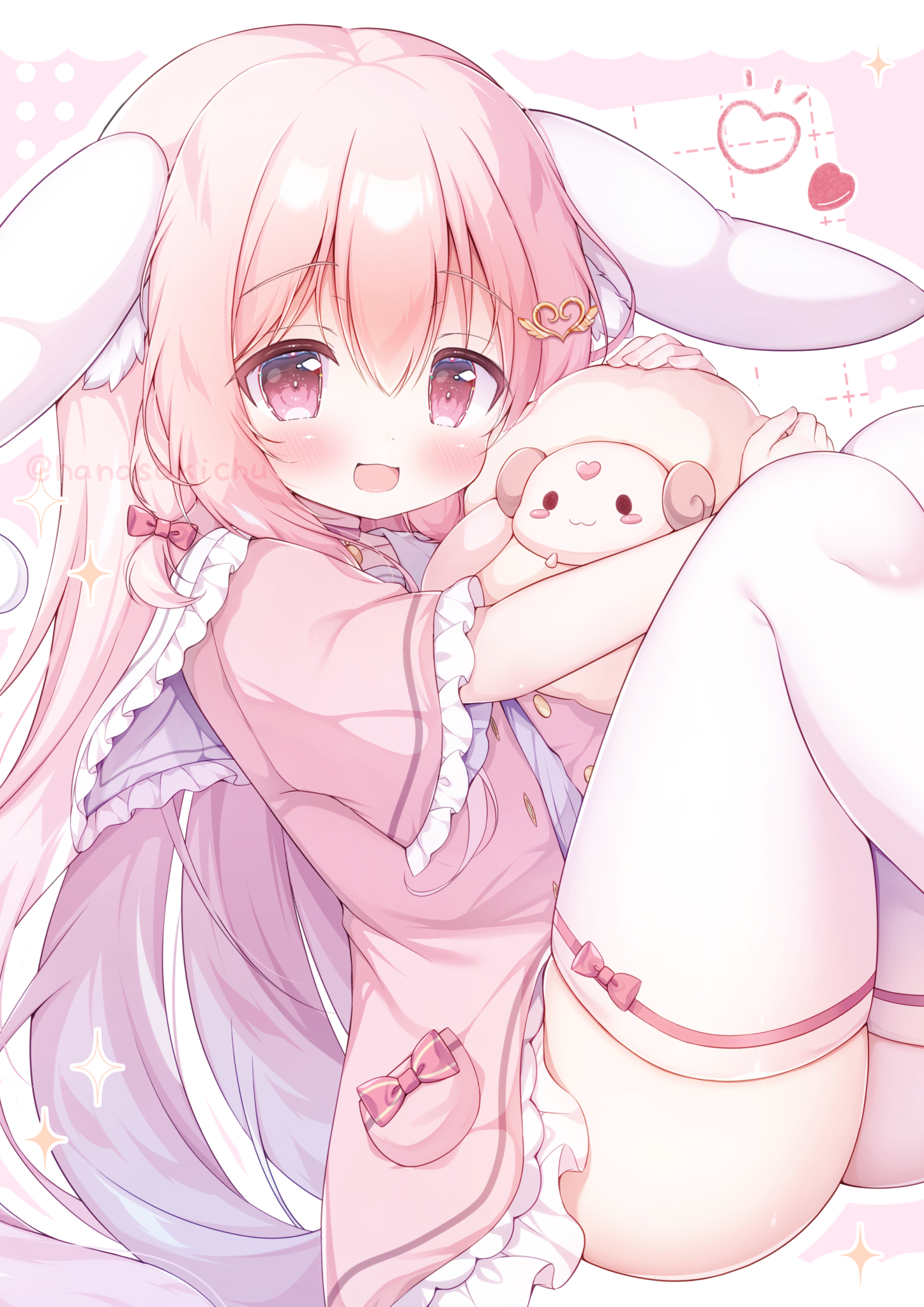 hanasakichu, original, commentary request, highres, 1girl, :d, animal ears, blush, bow, bow legwear, dress, feet out of frame, floppy ears, frilled dress, frilled sleeves, frills, hair between eyes, hair bow, heart, knees up, long hair, looking at viewer, open mouth, pink dress, pink eyes, pink hair, rabbit ears, red bow, short sleeves, sitting, smile, solo, sparkle, thighhighs, white thighhighs