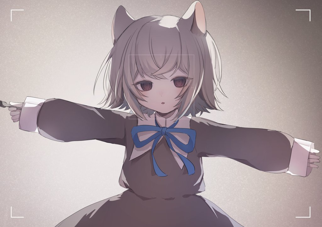 sayonaka (vtuber), indie virtual youtuber, hashtag-only commentary, 1girl, animal ears, arazan (ara arazan24), backlighting, black dress, black eyes, blue ribbon, cat ears, cat girl, dress, facial recognition, fork, holding, holding fork, long sleeves, neck ribbon, outstretched arms, parted lips, puffy long sleeves, puffy sleeves, ribbon, short hair, shrug (clothing), sidelocks, sleeves past wrists, solo, spread arms, upper body, viewfinder, virtual youtuber, white hair