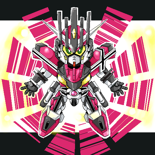 kwg (gigandou), kamen rider decade, gundam, kamen rider, sd gundam, lowres, non-web source, mecha, no humans, parody, robot