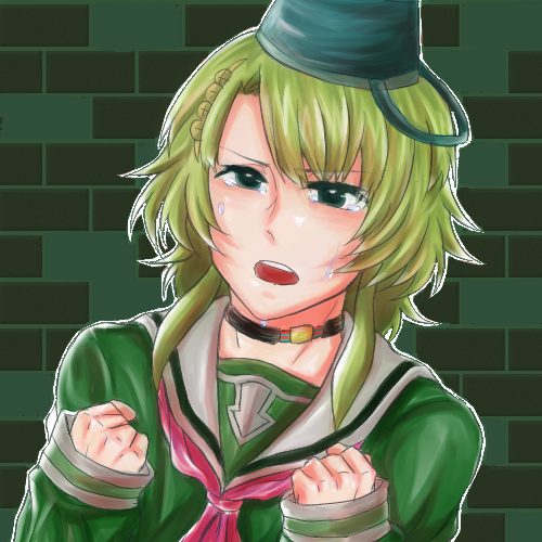 kizuchi kanna, kimi ga shine, highres, photoshop (medium), 1girl, angry, asymmetrical bangs, blue bucket, brick wall, bucket, bucket on head, choker, clenched hands, collar, crying, crying with eyes open, from side, furrowed brow, green background, green eyes, green hair, green sailor collar, green serafuku, green shirt, green stripe, green theme, grey sailor collar, hair ornament, hairclip, hands up, hat, long sleeves, looking ahead, neckerchief, object on head, open mouth, outline, parted bangs, pink neckerchief, sailor collar, school uniform, screw, screw hair ornament, serafuku, shirt, short hair, short hair with long locks, sidelocks, simple background, sleeves past wrists, solo, streaming tears, tearing up, tears, teeth, upper body, upper teeth only, v-shaped eyebrows, white outline, yellow hair ornament
