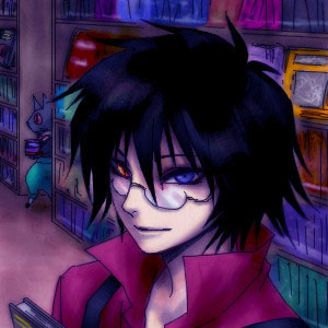 alphonse michel, bemani, pop'n music, lowres, apron, book, glasses, heterochromia, librarian, library, red shirt, shirt