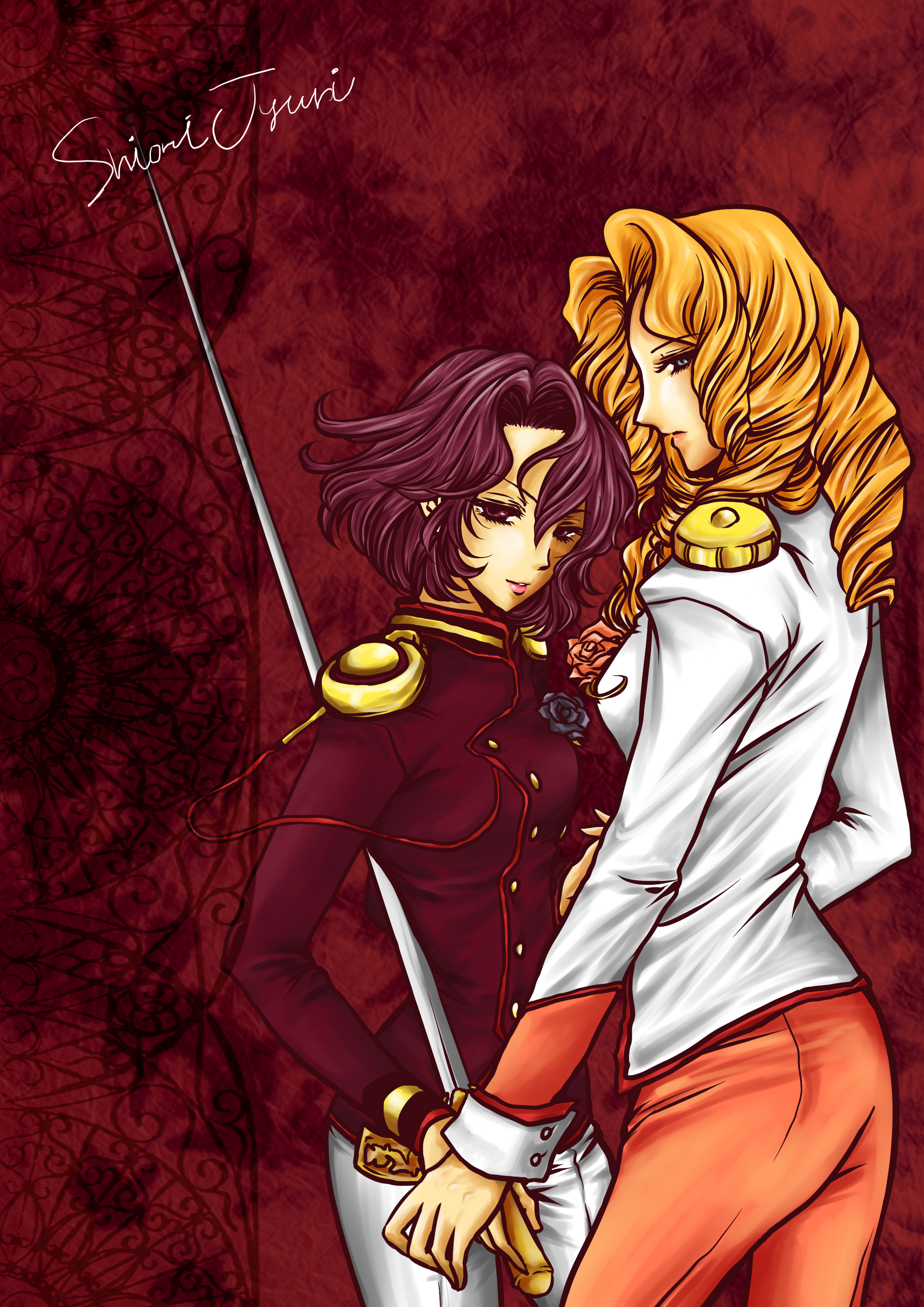 sun (pixiv), arisugawa juri, takatsuki shiori, shoujo kakumei utena, absurdres, bad id, bad pixiv id, highres, 1990s (style), sword, weapon