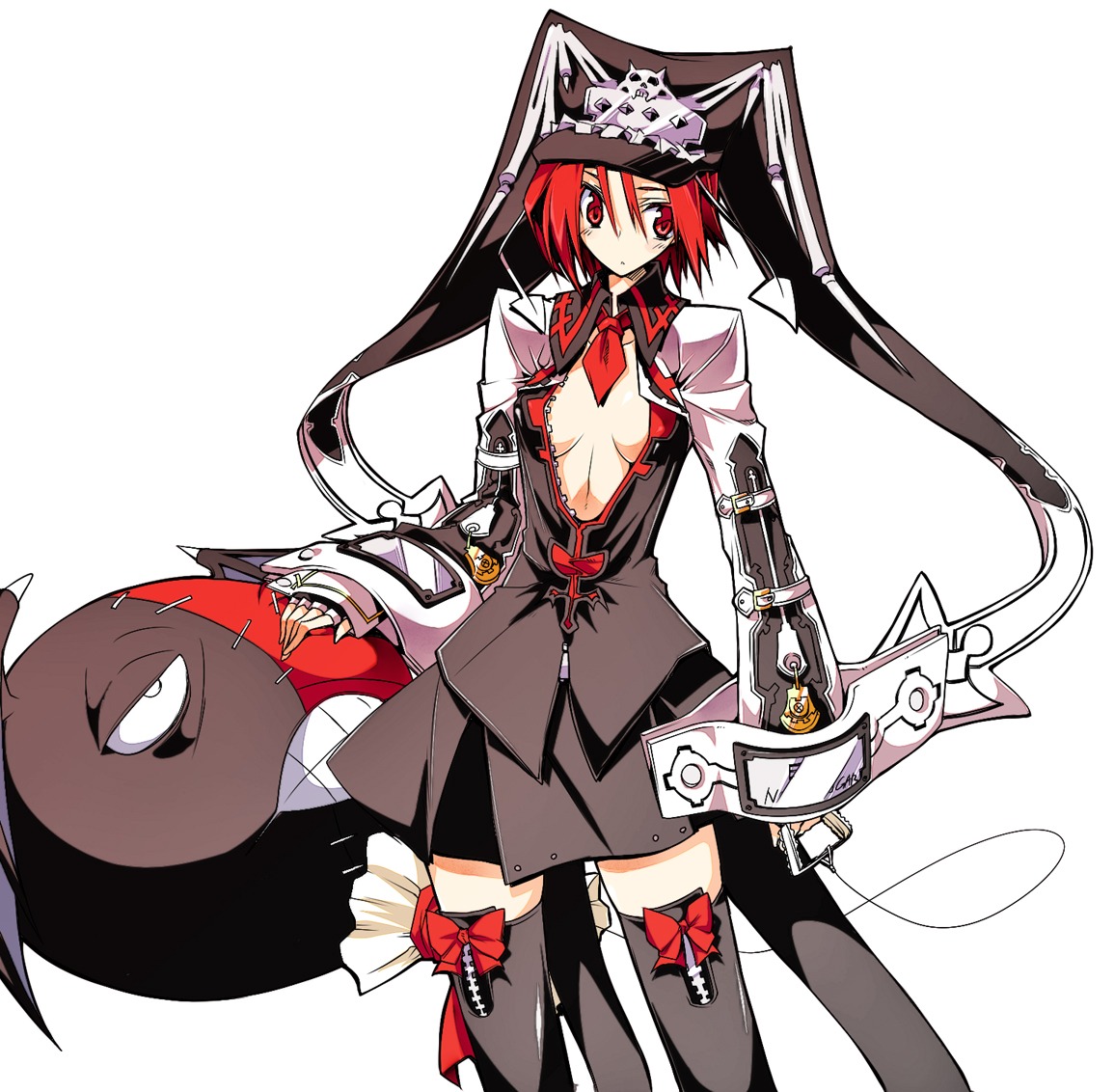 10mo, valentine (guilty gear), arc system works, guilty gear, 1girl, black thighhighs, bow, breasts, cleavage, doll, female focus, hat, jester cap, no bra, open clothes, open shirt, red eyes, red hair, shirt, short hair, solo, thighhighs, unzipped, white background, zettai ryouiki