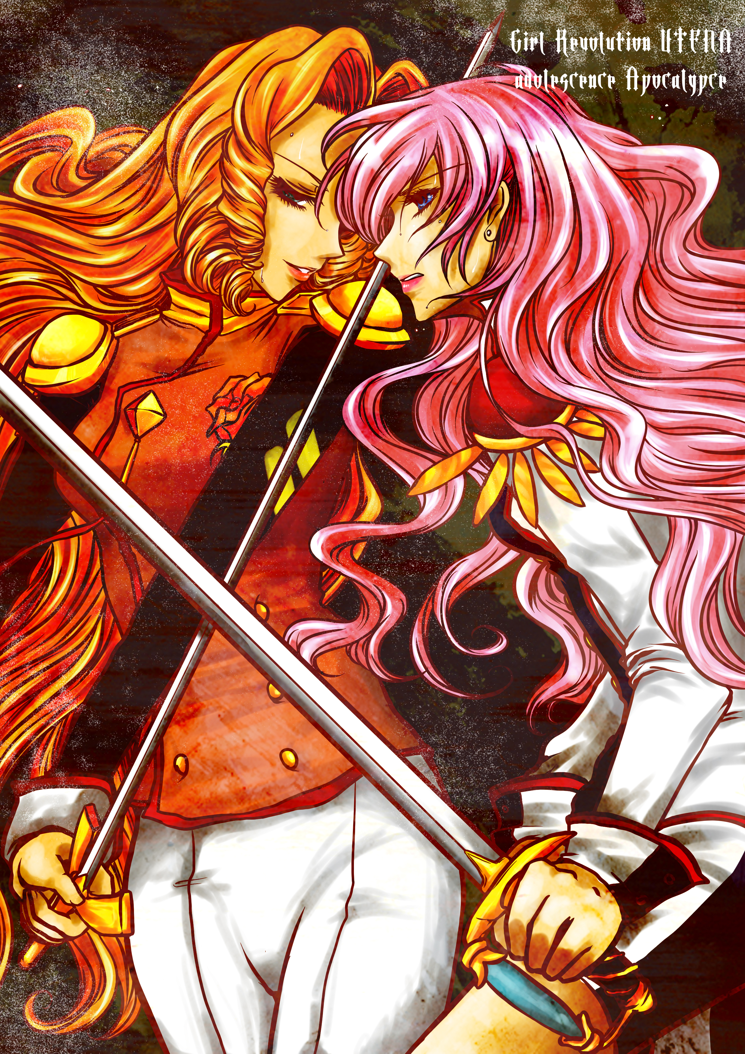 sun (pixiv), arisugawa juri, tenjou utena, shoujo kakumei utena, shoujo kakumei utena adolescence mokushiroku, absurdres, bad id, bad pixiv id, highres, 1990s (style), copyright name, retro artstyle, sword, weapon