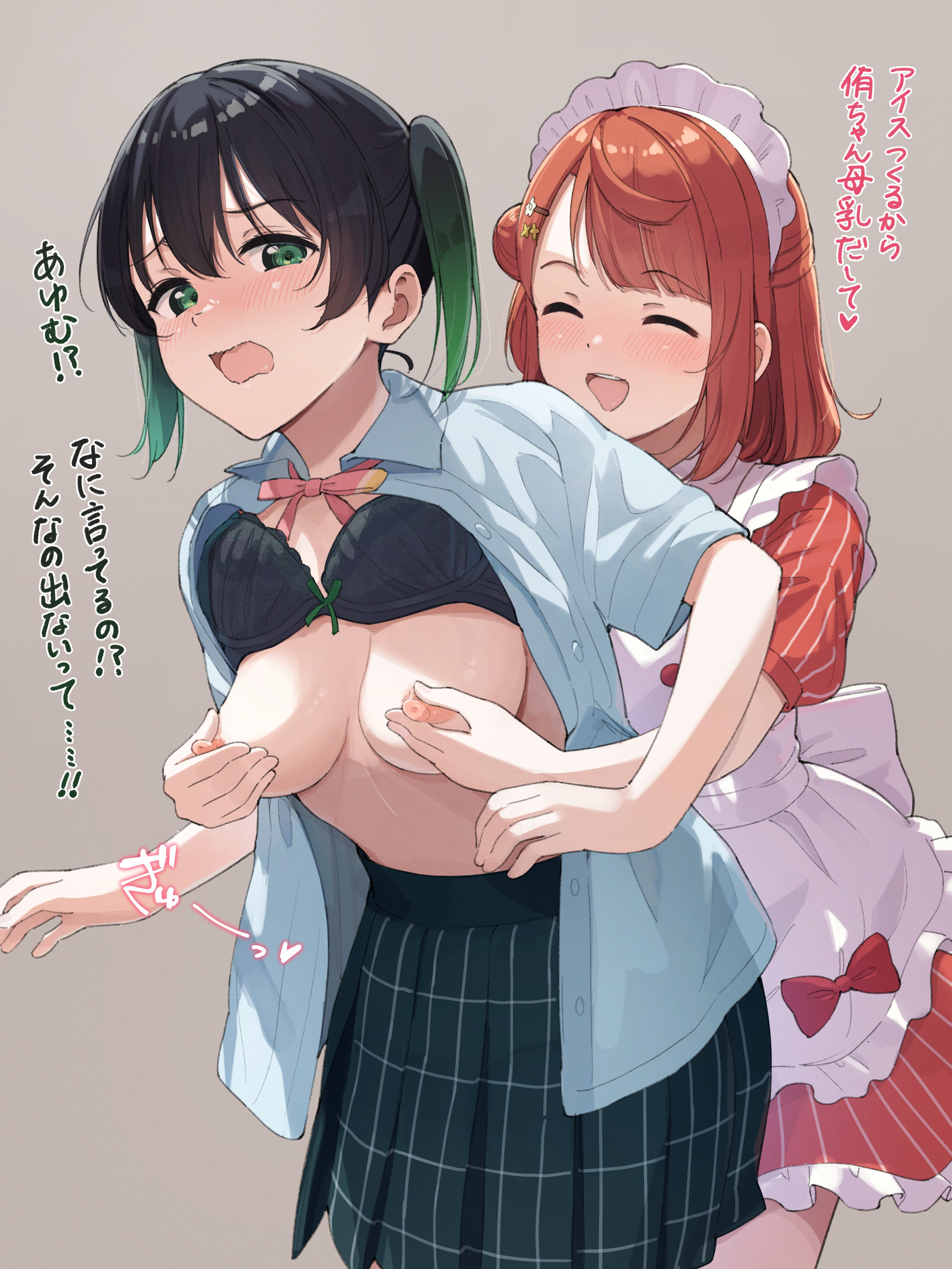 tata (tataice), takasaki yu, uehara ayumu, love live!, love live! nijigasaki high school idol club, absurdres, highres, translated, 2girls, ai scream! (love live!), apron, black bra, black hair, blue shirt, blue skirt, blush, bow, bra, bra lift, breasts, brown hair, closed eyes, clothes lift, dress, embarrassed, grabbing from behind, gradient hair, green eyes, green hair, grey background, hair bun, hair ornament, hairclip, maid, maid apron, maid headdress, medium breasts, medium hair, multicolored hair, multiple girls, neck ribbon, nijigasaki school uniform, nipple stimulation, nipple tweak, nipples, open mouth, plaid clothes, plaid skirt, red bow, red dress, red ribbon, ribbon, school uniform, shirt, single hair bun, skirt, smile, striped clothes, striped dress, summer uniform, twintails, unbuttoned, unbuttoned shirt, underwear, vertical-striped clothes, vertical-striped dress, white apron, yuri
