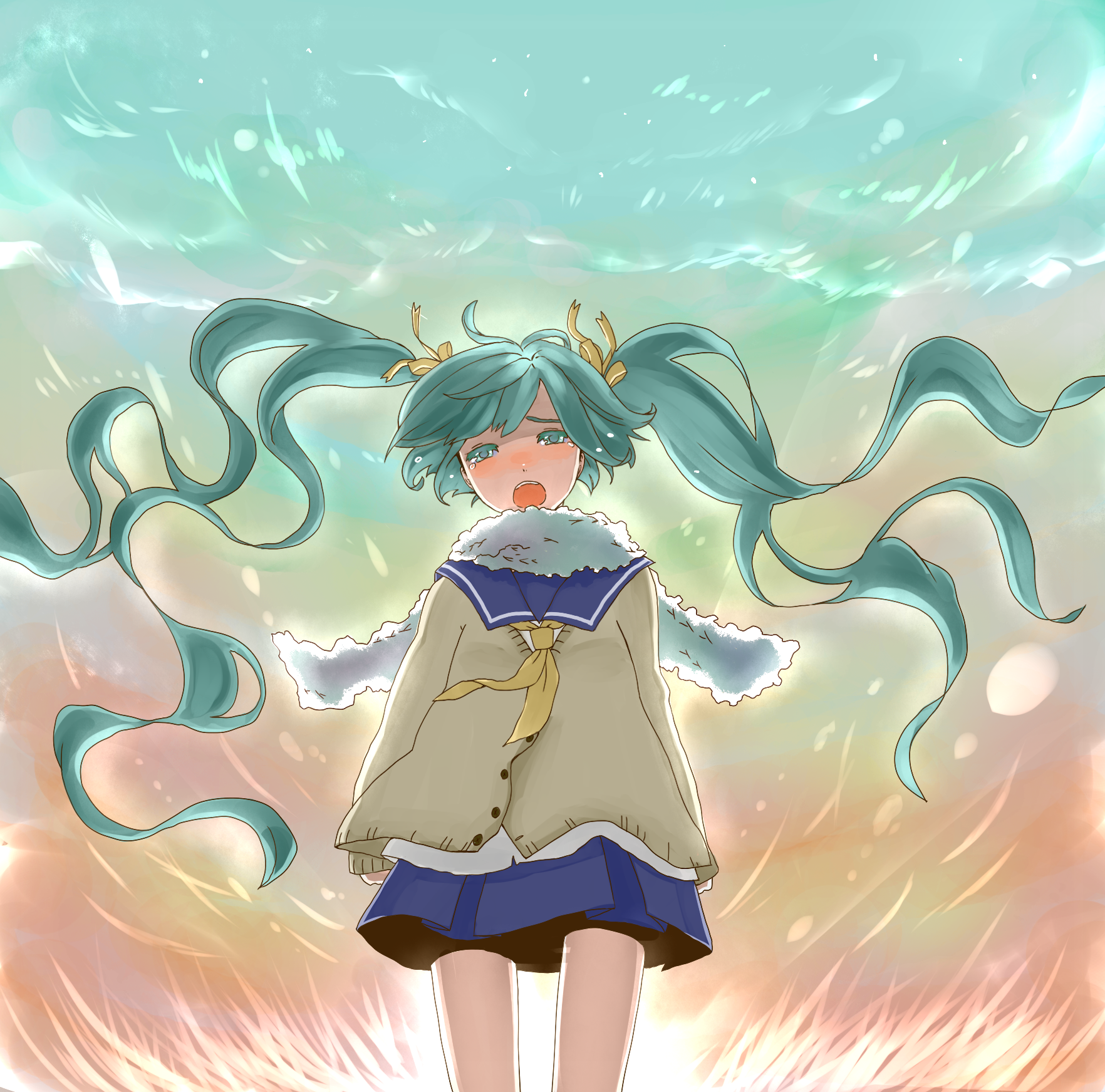 wakuraba, hatsune miku, hajimete no koi ga owaru toki (vocaloid), vocaloid, bad id, bad pixiv id, highres, 1girl, aqua eyes, aqua hair, blush, female focus, long hair, necktie, scarf, school uniform, serafuku, skirt, solo, tears, very long hair