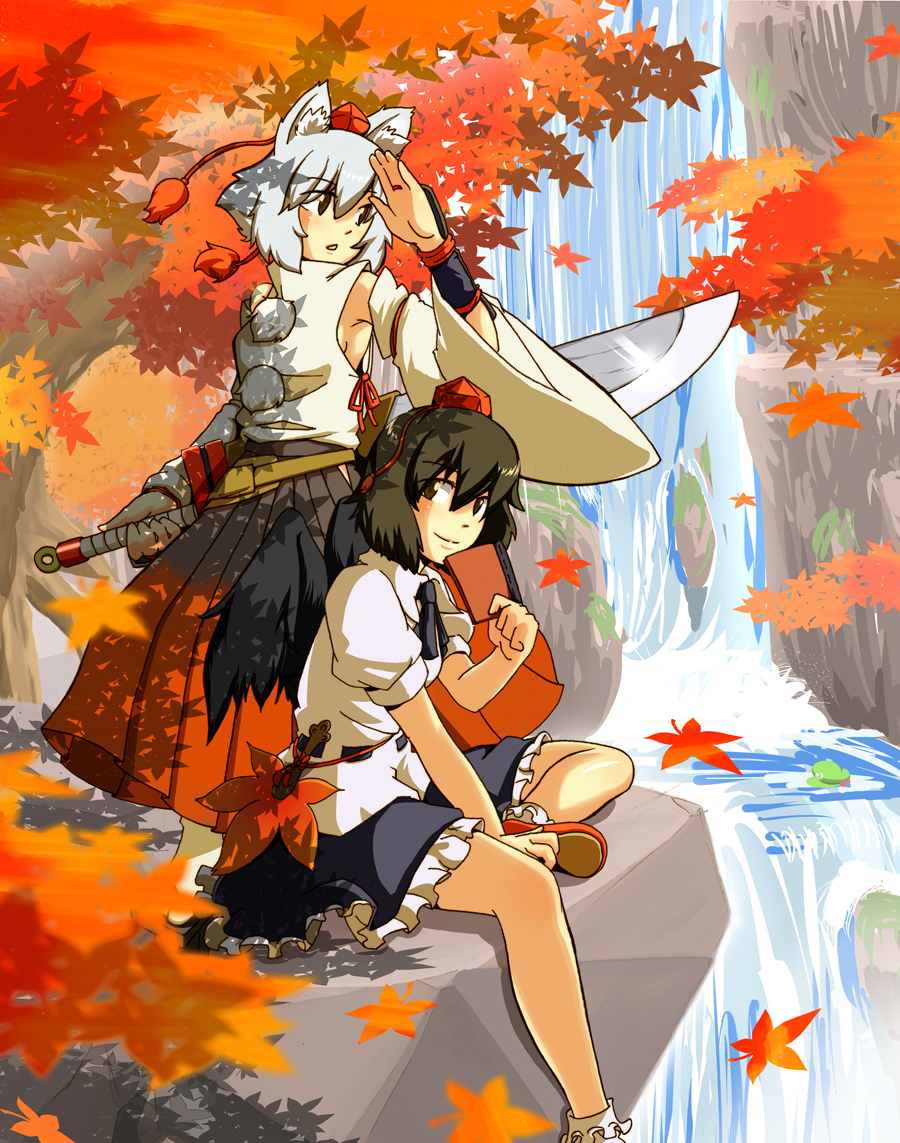 atuta, sawara, inubashiri momiji, kawashiro nitori, shameimaru aya, touhou, silver hair, 2girls, animal ears, black hair, black wings, brown eyes, detached sleeves, female focus, hat, leaf, multiple girls, red eyes, short hair, sword, tokin hat, weapon, wings, wolf ears