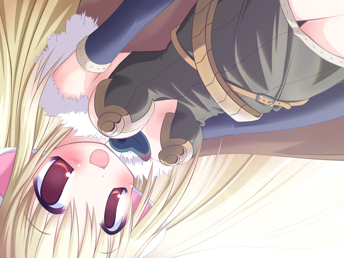 wazawogi (wzog), high wizard (ragnarok online), ragnarok online, third-party source, 1girl, 2000s (style), :d, animal ears, belt, blonde hair, blue sleeves, blush, breasts, brown belt, brown cloak, brown dress, cleavage, cloak, cowboy shot, detached sleeves, dress, fake animal ears, fur trim, long hair, magatama, medium breasts, open mouth, red eyes, short dress, simple background, sleeveless, sleeveless dress, smile, solo, straight hair, strapless, strapless dress, tareme, thighs, upside-down, white background