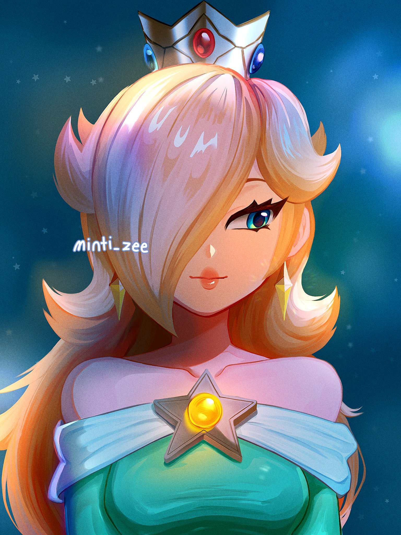 minty greenzy, rosalina, mario (series), nintendo, the super mario galaxy movie, commentary, derivative work, english commentary, highres, 1girl, artist name, bare shoulders, blonde hair, blue eyes, brooch, closed mouth, collarbone, crown, dress, earrings, facing viewer, hair over one eye, jewelry, looking to the side, off-shoulder dress, off shoulder, scene reference, solo, star (symbol), star brooch, star earrings