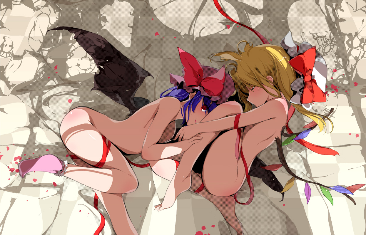 sakura sora, flandre scarlet, remilia scarlet, touhou, bad id, bad pixiv id, 2girls, barefoot, bat wings, bed, blonde hair, blue hair, blush, closed eyes, dappled sunlight, feet, female focus, fetal position, flat chest, hat, incest, loli, mob cap, multiple girls, nude, red eyes, ribbon, screentones, short hair, siblings, sisters, socks, sunlight, wings, yuri