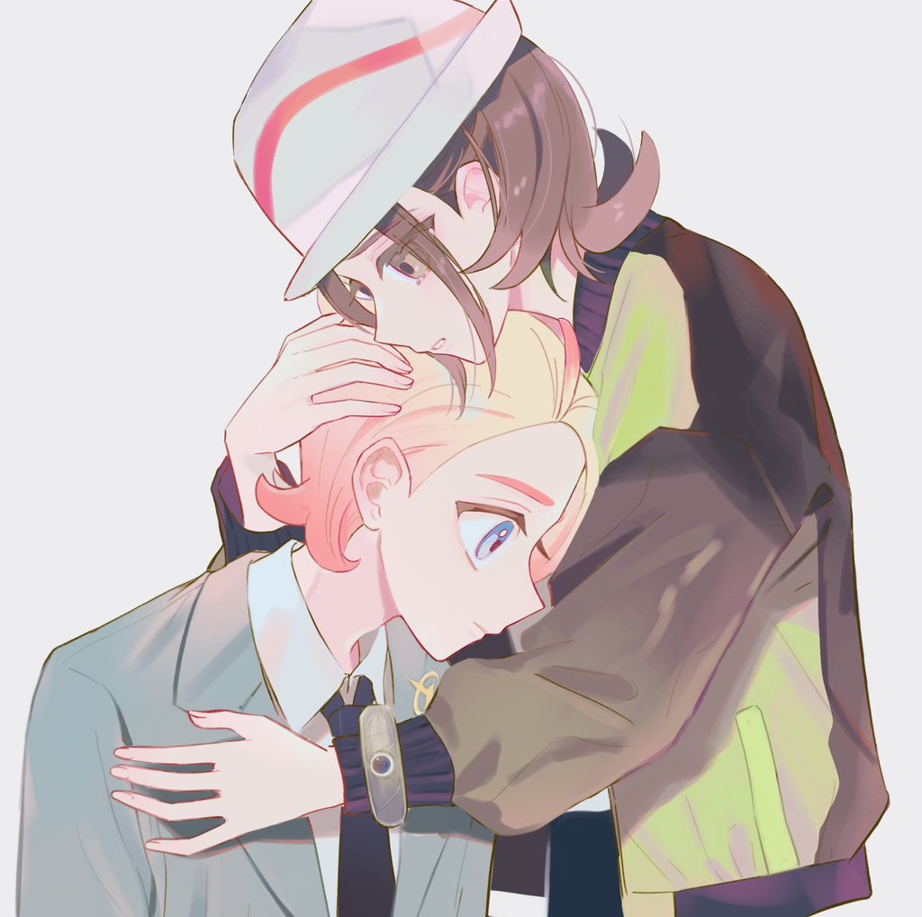 tyou08665851, harmony (pokemon), urbain (pokemon), nintendo, pokemon, pokemon legends: z-a, commentary, symbol-only commentary, 1boy, 1girl, alternate costume, black necktie, blonde hair, blue eyes, bracelet, brown eyes, brown hair, closed mouth, collared shirt, green jacket, grey jacket, hat, hug, jacket, jewelry, long sleeves, necktie, shirt, simple background, white background, white hat