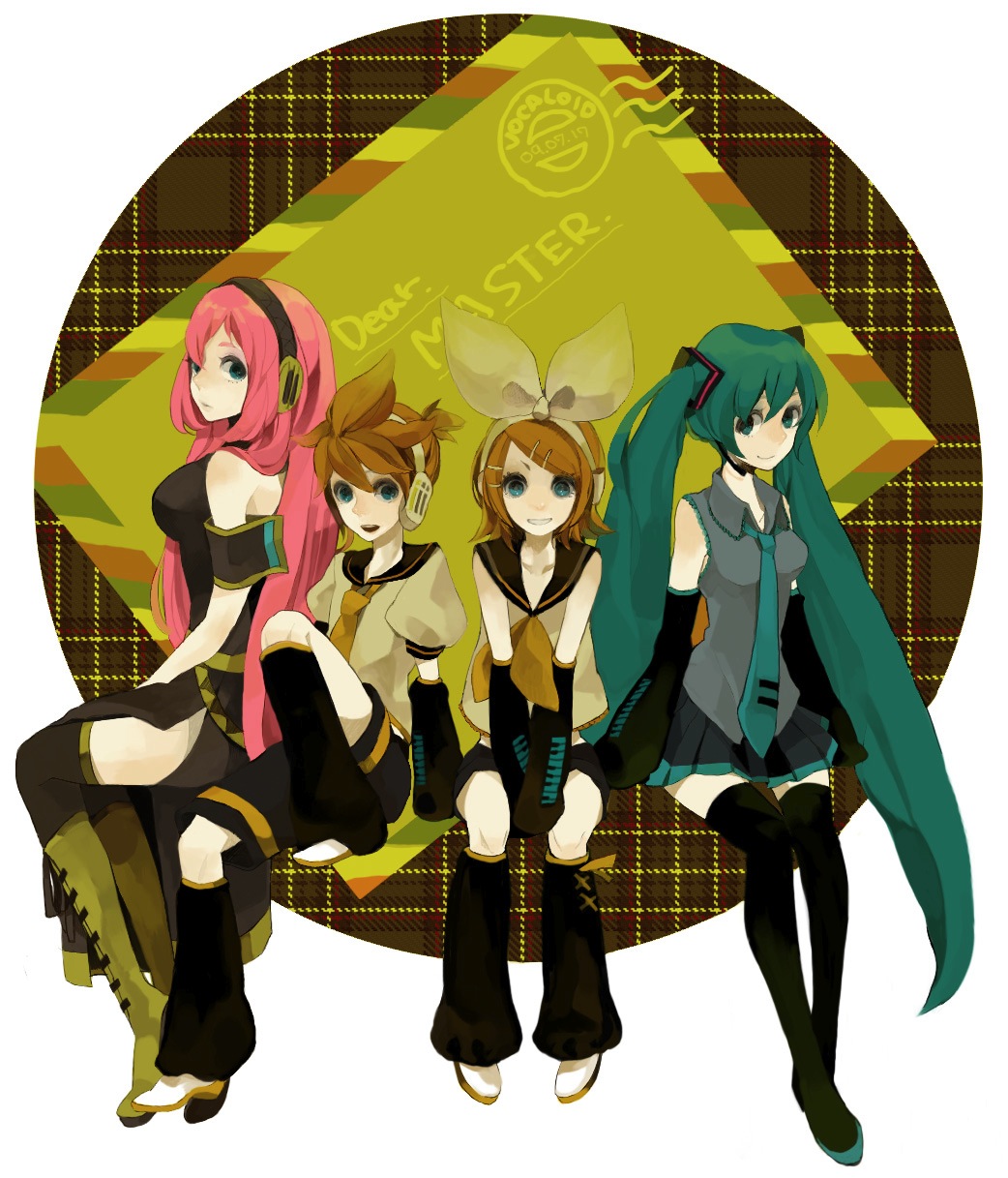 todomumeru, hatsune miku, kagamine len, kagamine rin, megurine luka, vocaloid, bad id, bad pixiv id, highres, 1boy, 3girls, aqua hair, blonde hair, blue eyes, boots, detached sleeves, hair ornament, hair ribbon, hairclip, headphones, headset, long hair, multiple girls, necktie, pink hair, ribbon, short hair, shorts, siblings, skirt, smile, thighhighs, twins, twintails, very long hair, zettai ryouiki