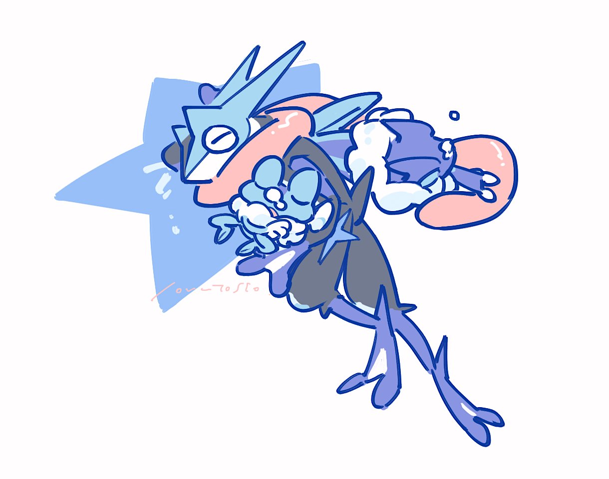 usduvi, froakie, frogadier, greninja, mega greninja, nintendo, pokemon, pokemon legends: z-a, 3others, closed eyes, gen 6 pokemon, lying, multiple others, no humans, on side, on stomach, open mouth, pokemon (creature), pokemon focus, red scarf, scarf, scarf over mouth, shuriken, signature, sleeping, sleeping on pokemon, weapon, white background