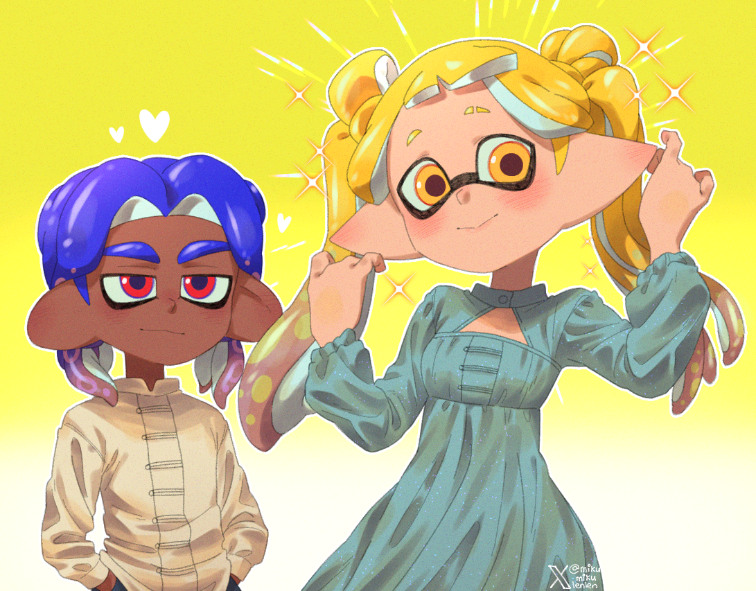ariamikukanzaki, nintendo, splatoon (series), splatoon 3, commentary, english commentary, 1boy, 1girl, alternate hairstyle, blonde hair, blue hair, breasts, cleavage cutout, clothing cutout, dark-skinned male, dark skin, dress, eyebrow piercing, face piercing, green dress, hands in pockets, heart, hirooooo (splatoon), inkling, octoling, piercing, pointy ears, red eyes, signature, small breasts, smile, tentacle hair, twintails, veronika (splatoon), very dark skin, yellow background, yellow eyes