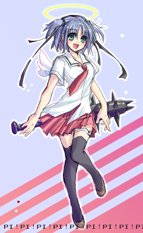 yukidarumatan, mitsukai dokuro, bokusatsu tenshi dokuro-chan, 00s, 1girl, angel wings, baseball bat, blue hair, excalibolg, female focus, full body, green eyes, halo, school uniform, skirt, smile, solo, thigh strap, thighhighs, weapon, wings