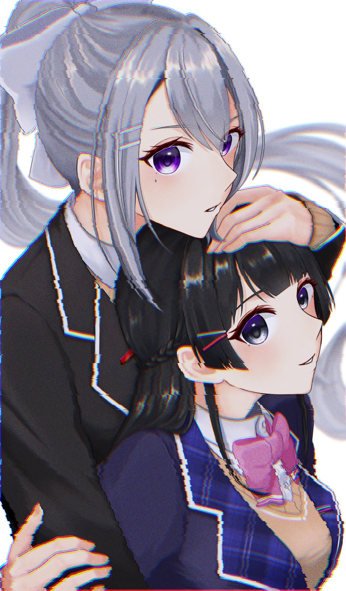 ringo 21 a, higuchi kaede, tsukino mito, nijisanji, hashtag-only commentary, highres, 2girls, black hair, black jacket, blue eyes, blue jacket, bow, bowtie, braid, breasts, distortion, double-parted bangs, grey hair, hair ornament, hairclip, hand on another's head, jacket, long hair, looking at viewer, medium breasts, mole, mole under eye, multiple girls, open mouth, parallel hairclips, parted lips, pink bow, pink bowtie, purple eyes, simple background, smile, virtual youtuber, white background
