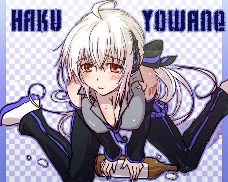 yukidarumatan, yowane haku, vocaloid, silver hair, 1girl, ahoge, alcohol, blouse, blush, bottle, breasts, cleavage, detached sleeves, female focus, from above, grey shirt, hair ribbon, headphones, huge breasts, large breasts, long hair, necktie, orange eyes, ponytail, red eyes, ribbon, sake, shirt, solo, tears