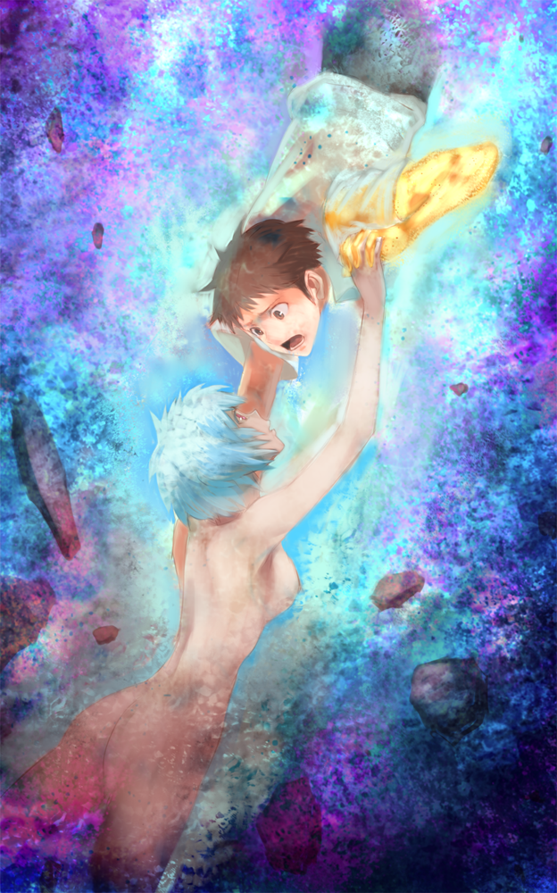 iwaya, ayanami rei, ikari shinji, neon genesis evangelion, 1boy, 1girl, ass, blue hair, breasts, brown eyes, brown hair, colorful, eye contact, hetero, holding hands, large breasts, looking at another, nude, red eyes, scared, short hair