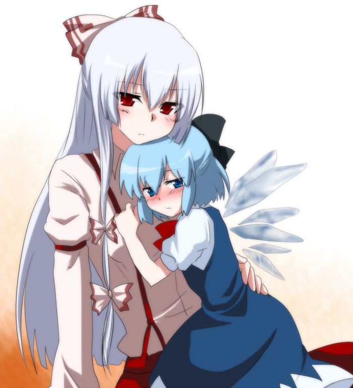 marimo danshaku, cirno, fujiwara no mokou, touhou, silver hair, bad id, bad pixiv id, 2girls, arm around waist, blue eyes, blue hair, blush, couple, cuddling, hair ribbon, long hair, multiple girls, red eyes, ribbon, short hair, suspenders, wings, yuri