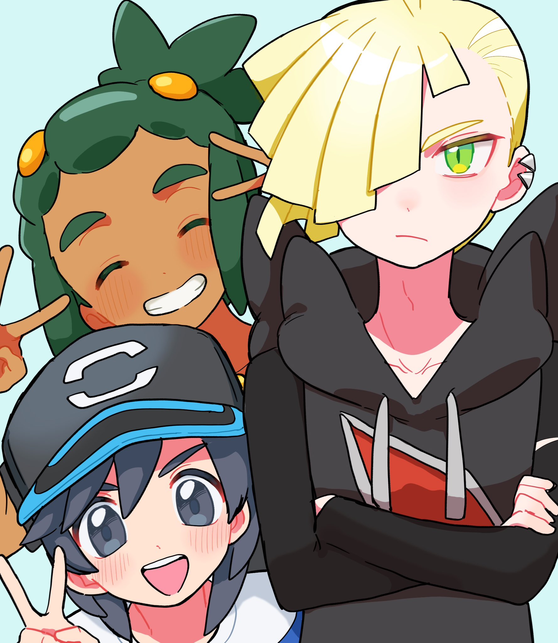 aria pkmn, elio (pokemon), gladion (pokemon), hau (pokemon), nintendo, pokemon, pokemon sm, commentary request, highres, 3boys, black hair, black hat, black shirt, blonde hair, closed eyes, closed mouth, crossed arms, dark-skinned male, dark skin, double v, green eyes, green hair, grey eyes, grin, hair over one eye, hand up, hands up, hat, hood, hooded vest, hoodie, male focus, multiple boys, shirt, simple background, smile, tassel, teeth, v, vest