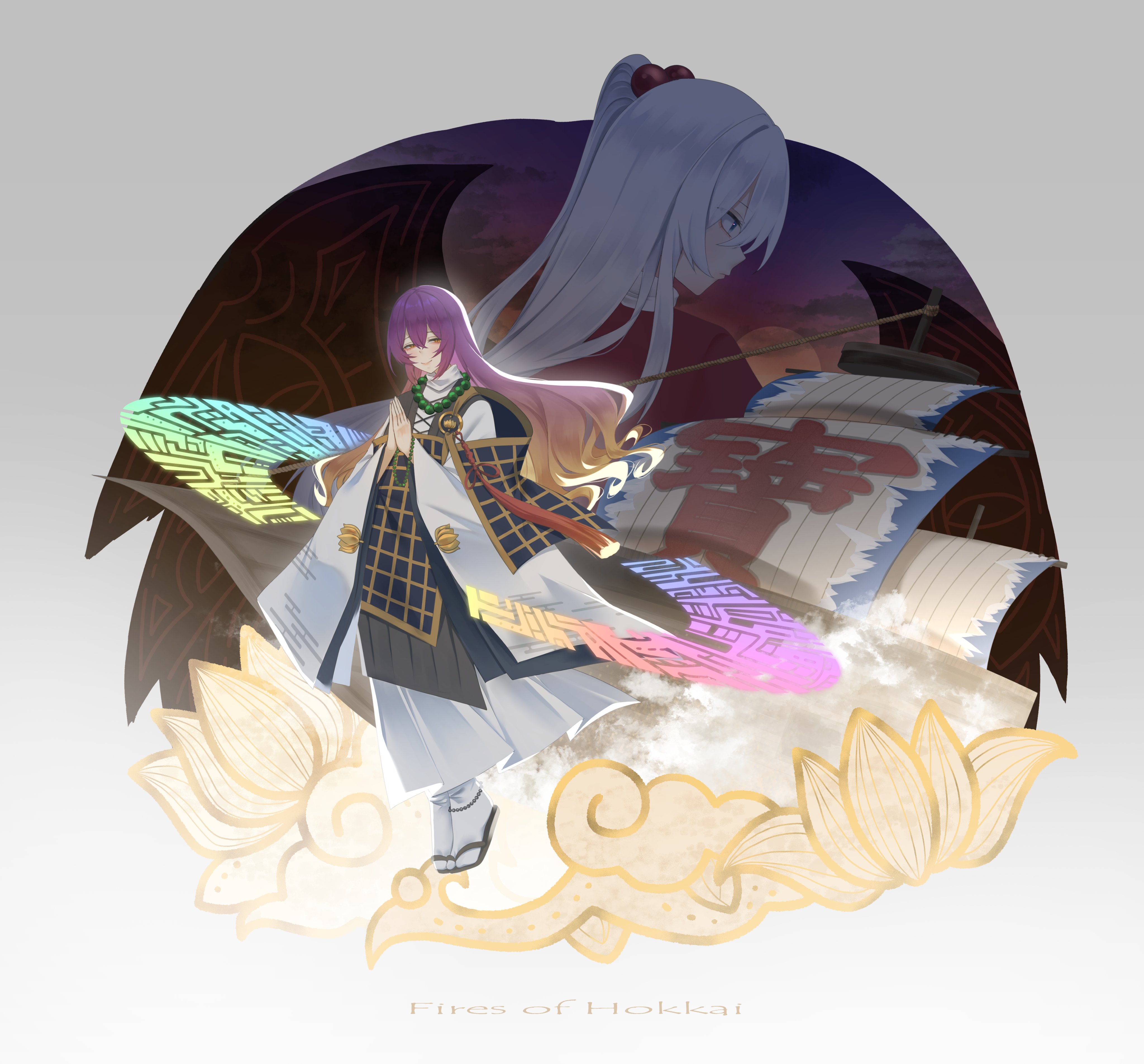 no noru, hijiri byakuren, shinki (touhou), touhou, touhou (pc-98), absurdres, commentary, highres, 2girls, bead necklace, beads, blonde hair, capelet, closed mouth, gradient hair, grey hair, hair bobbles, hair ornament, jewelry, kesa, long hair, long sleeves, looking at viewer, multicolored hair, multiple girls, necklace, one side up, own hands together, palanquin ship, palms together, purple hair, red capelet, sandals, smile, socks, sorcerer's sutra scroll, tabi, white socks, yellow eyes