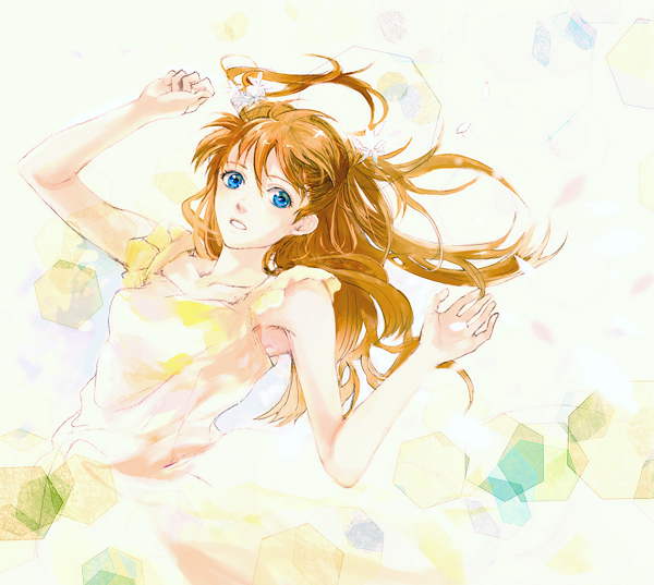 ni-co, niko (silent.whitesnow), souryuu asuka langley, neon genesis evangelion, bad id, bad pixiv id, 1girl, armpits, blue eyes, brown hair, dress, female focus, frills, hair ornament, long hair, open mouth, solo, yellow dress