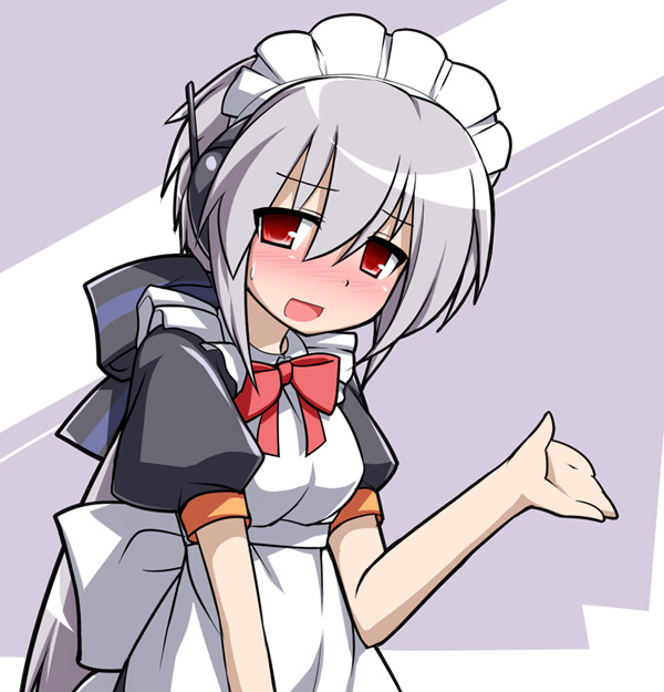 katami shinta, yowane haku, vocaloid, silver hair, 1girl, alternate costume, blush, chibi, enmaided, female focus, maid, ponytail, red eyes, solo