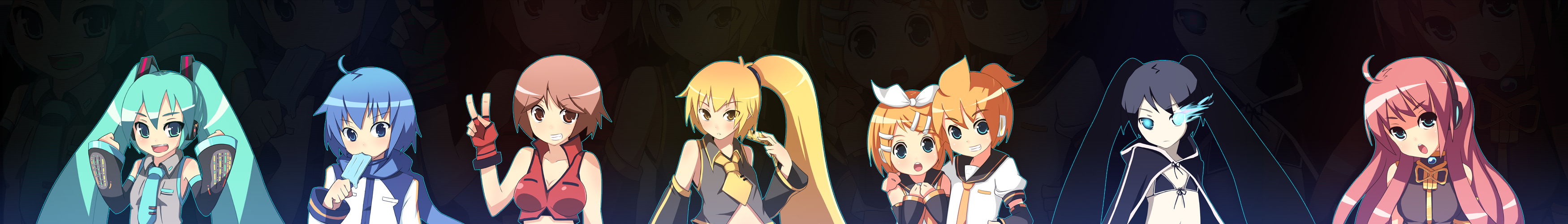 kendo (artist), akita neru, black rock shooter (character), hatsune miku, kagamine len, kagamine rin, kaito (vocaloid), megurine luka, meiko (vocaloid), black rock shooter, vocaloid, absurdres, bad id, bad pixiv id, highres, long image, wide image, 10s, 2boys, 6+girls, everyone, multiple boys, multiple girls, v