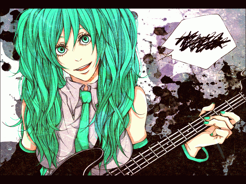 tkmr, hatsune miku, vocaloid, bad id, bad pixiv id, 1girl, bass guitar, detached sleeves, female focus, green eyes, green hair, instrument, long hair, matching hair/eyes, necktie, smile, solo, twintails