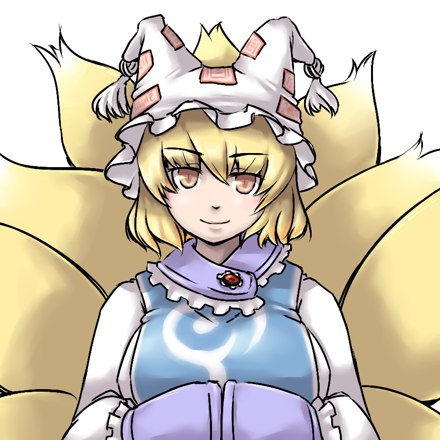ishikoro, yakumo ran, touhou, bad id, bad pixiv id, 1girl, animal hat, blonde hair, female focus, fox tail, hands in opposite sleeves, hat, long sleeves, mob cap, multiple tails, short hair, solo, tail, tassel, white background, yellow eyes