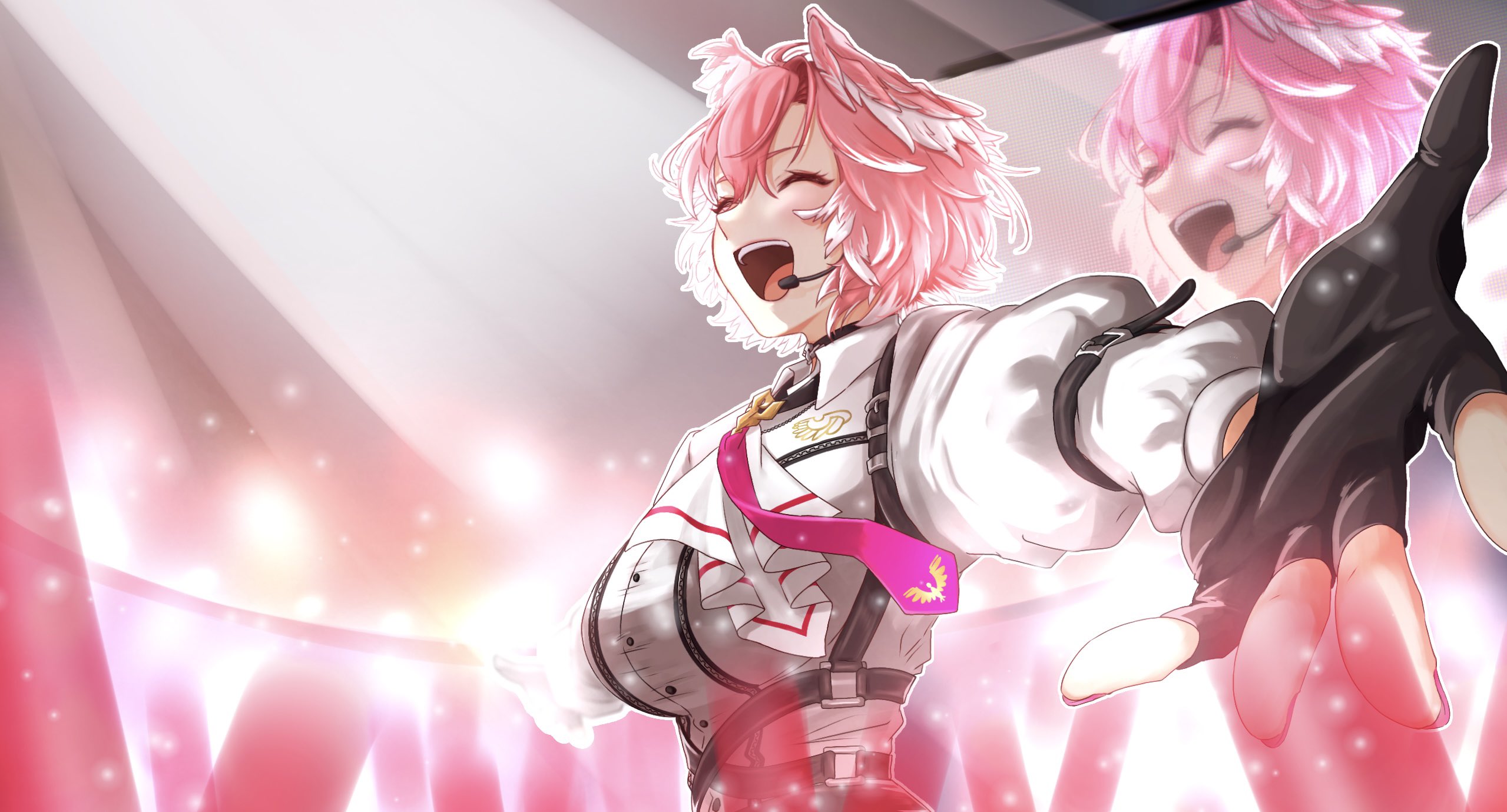 ringo 21 a, takane lui, takane lui (1st costume), hololive, commentary request, highres, 1girl, black gloves, breasts, closed eyes, fingerless gloves, gloves, hair between eyes, head wings, headset, large breasts, long sleeves, music, necktie, open mouth, outstretched arm, pink hair, pink necktie, shirt, short hair, singing, smile, upper body, virtual youtuber, white shirt, wings