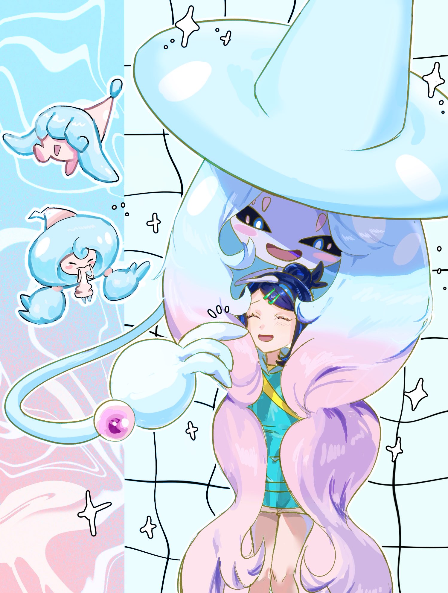copituji, hatenna, hatterene, hattrem, liko (pokemon), nintendo, pokemon, pokemon (anime), pokemon horizons, highres, 1girl, :d, black hair, closed eyes, evolutionary line, eyelashes, gen 8 pokemon, hair bun, hair ornament, hairclip, happy, knees, notice lines, open mouth, pokemon (creature), smile, sparkle, strap, vest