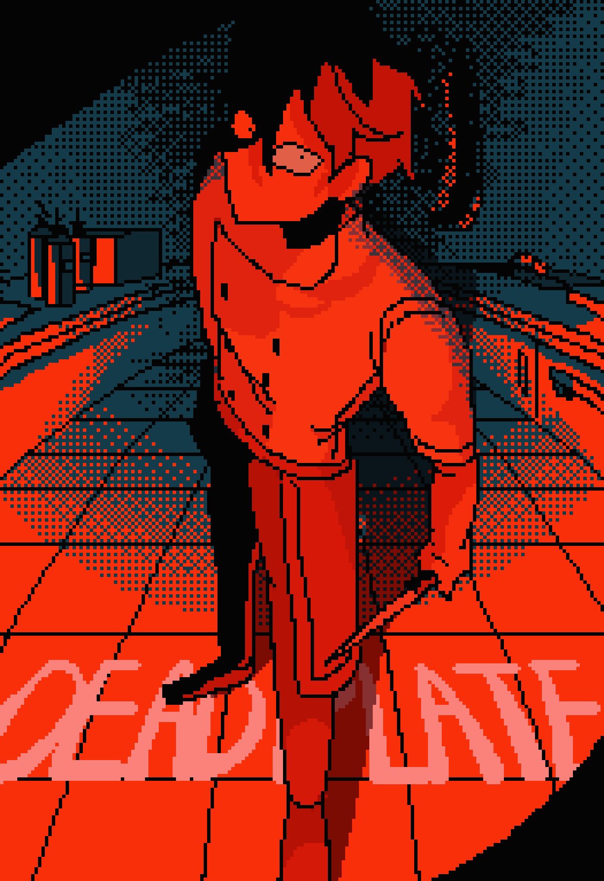 vincent charbonneau, dead plate, highres, 1boy, 9aaaalt29, constricted pupils, copyright name, holding, holding knife, knife, limited palette, male focus, no mouth, pants, pixel art, red theme, shirt, shoes, short hair, solo, standing, tile floor, tiles