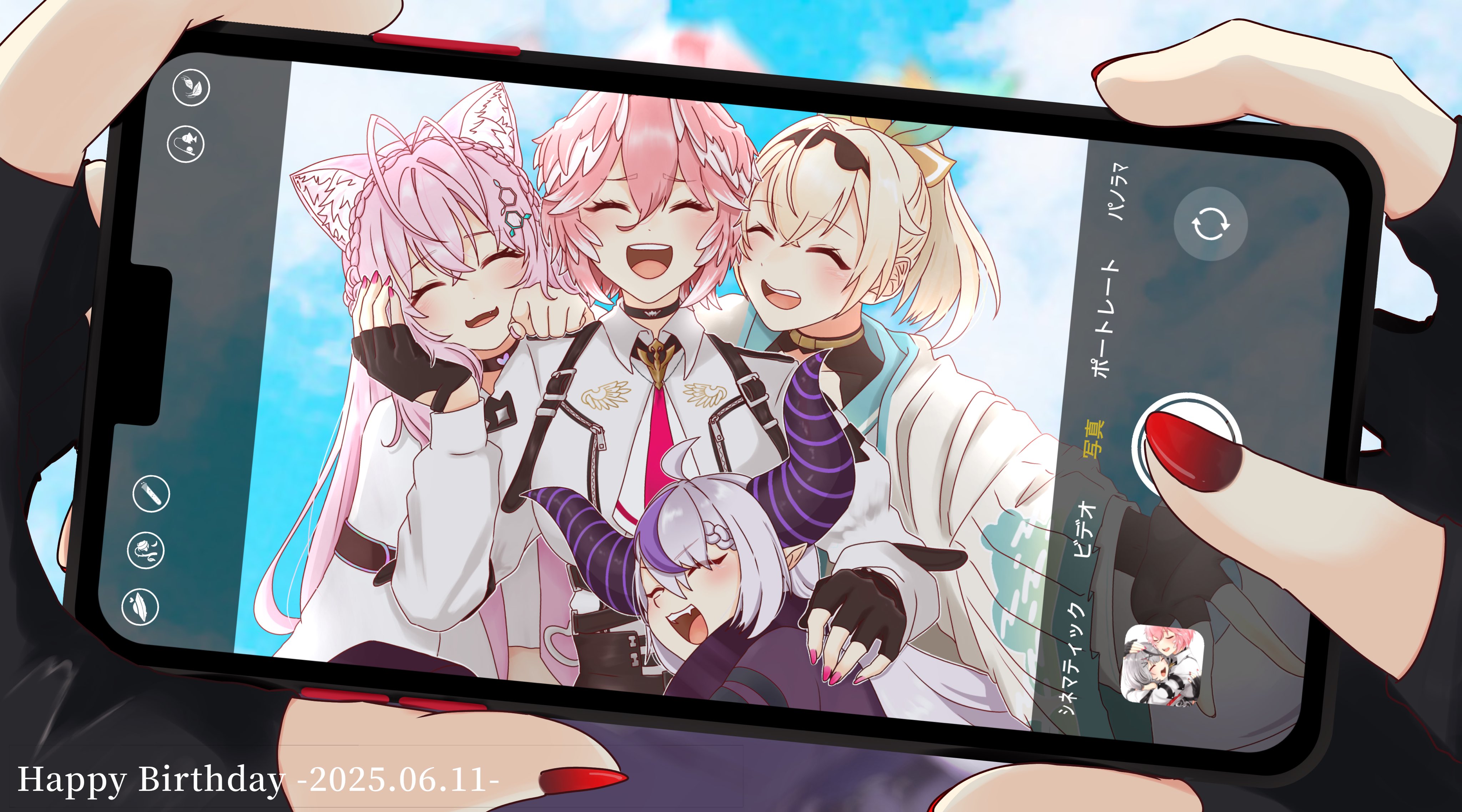 ringo 21 a, hakui koyori, hakui koyori (1st costume), kazama iroha, kazama iroha (1st costume), la+ darknesss, la+ darknesss (1st costume), sakamata chloe, takane lui, takane lui (1st costume), hololive, holox, absurdres, commentary, english commentary, highres, 5girls, ahoge, animal ears, black choker, blonde hair, cat ears, cat girl, cellphone, choker, closed eyes, facing viewer, female pov, fingernails, happy, happy birthday, head wings, holding, holding phone, long hair, multiple girls, nail polish, open mouth, phone, pink hair, pov, pov hands, purple hair, red nails, shirt, short hair, smartphone, smile, taking picture, virtual youtuber, white shirt, wings