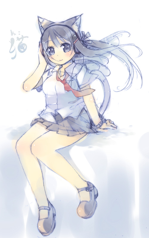 kashiwamochi yomogi, animal ears, cat ears, cat tail, headphones, mary janes, necktie, school uniform, shoes, skirt, solo, tail