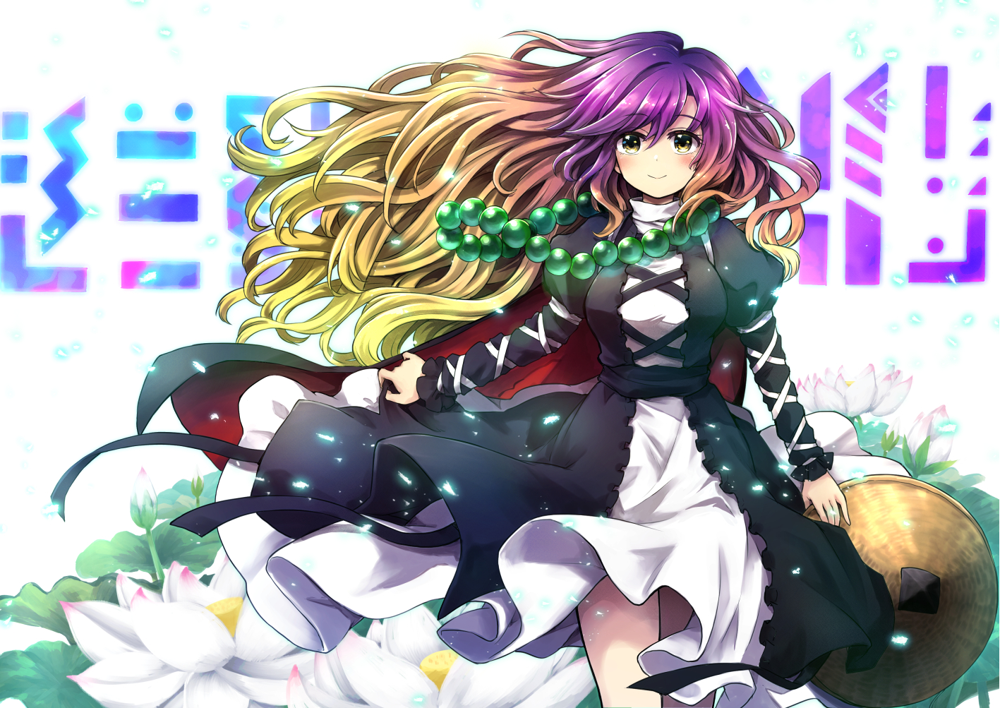 mizumoto tadashi, hijiri byakuren, touhou, commentary, 1girl, ajirogasa, beads, blonde hair, breasts, brown hair, cape, cloak, dress, flower, gradient hair, hat, jewelry, juliet sleeves, layered dress, long hair, long sleeves, lotus, multicolored hair, necklace, prayer beads, puffy sleeves, purple hair, solo, turtleneck, turtleneck dress, wavy hair, white dress, wind, yellow eyes