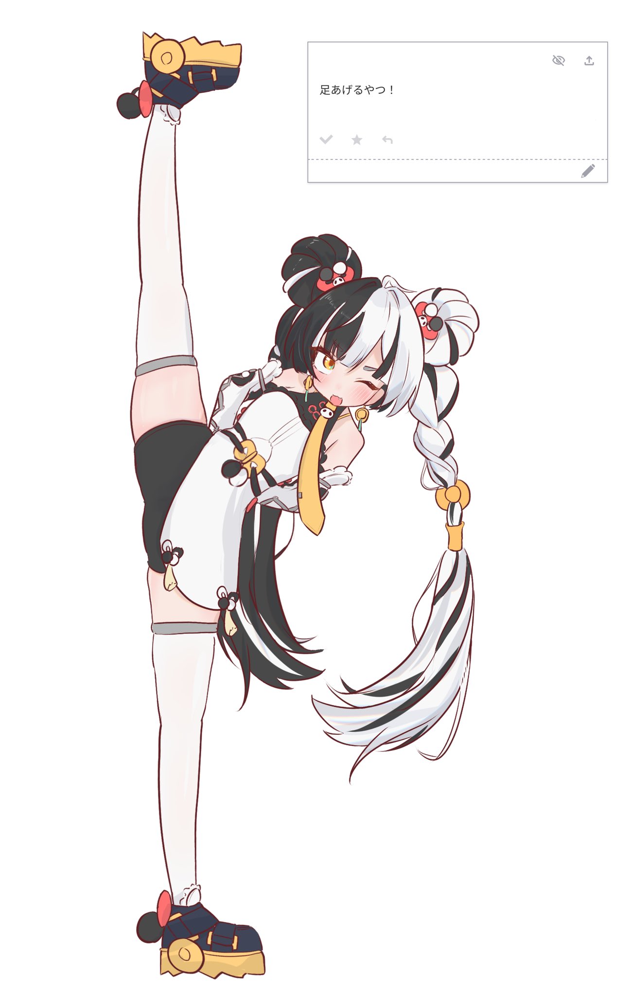 kesiutu, dialyn (zenless zone zero), zenless zone zero, commentary, english commentary, highres, 1girl, ahoge, arms behind back, bare shoulders, black hair, black shoes, black shorts, blush, braid, braided twintails, china dress, chinese clothes, detached sleeves, double bun, dress, earrings, fang, full body, hair bun, hair extensions, jewelry, leg lift, long hair, looking at viewer, multicolored hair, necktie, one eye closed, open mouth, pelvic curtain, ring hair extensions, shoes, shorts, simple background, solo, split, split-color hair, standing, standing on one leg, standing split, thighhighs, white background, white dress, white hair, white thighhighs, yellow eyes, yellow necktie