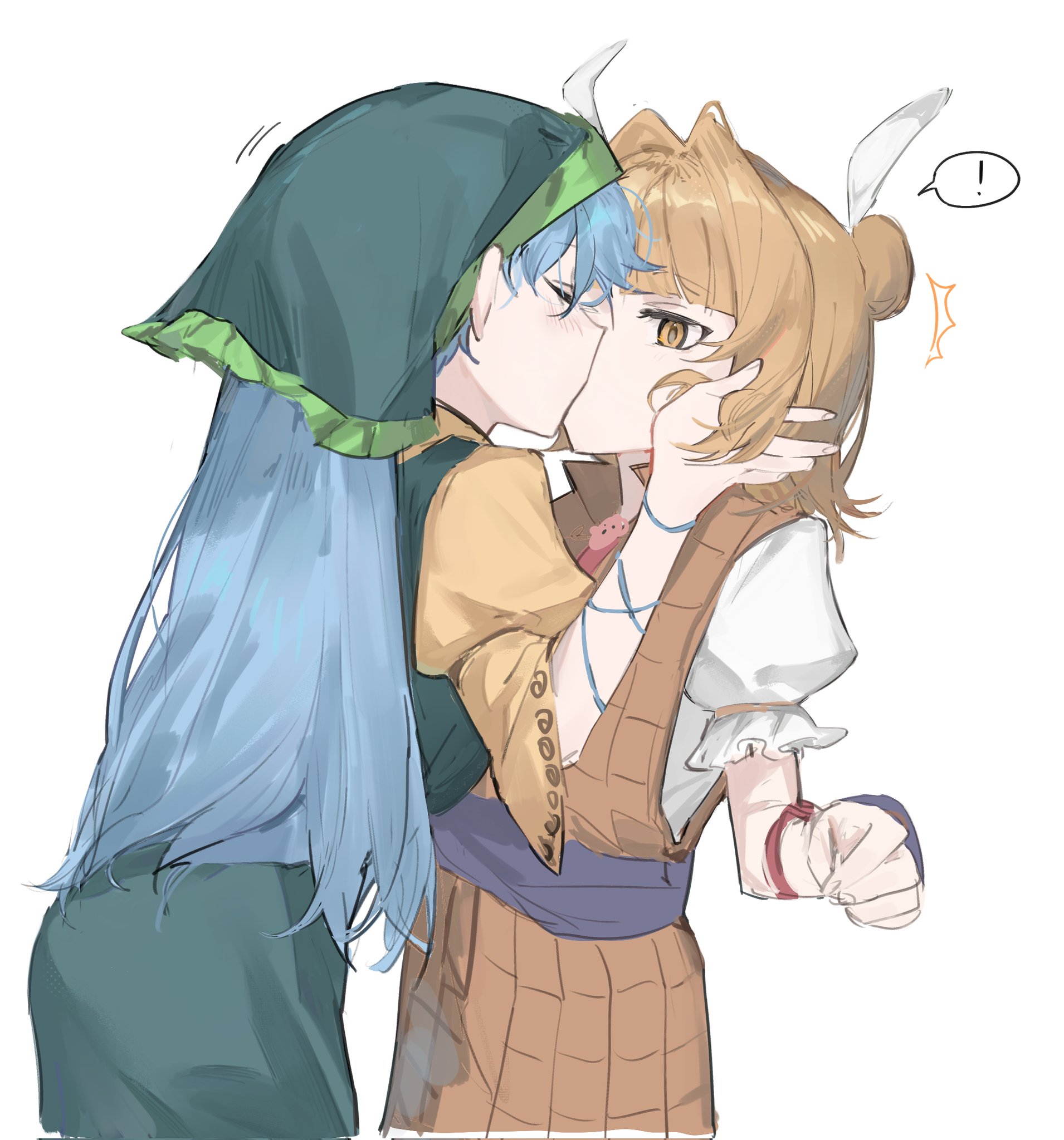 haniyasushin keiki, joutouguu mayumi, touhou, highres, !, 2girls, apron, arm ribbon, armor, armored dress, double bun, dress, green apron, green headscarf, green hood, hair bun, headscarf, jewelry, kiss, magatama, magatama necklace, multiple girls, necklace, ribbon, single strap, takoyaki5221, vambraces, white background, white ribbon, wood carving tool, yellow armor, yellow dress, yuri