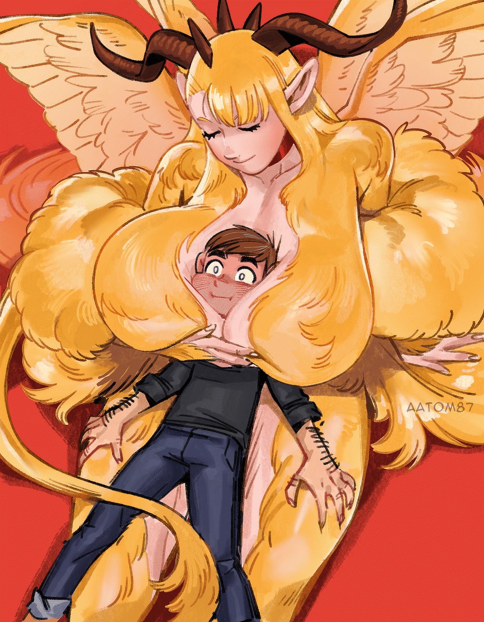 aatom87, chilchuck tims, marcille donato, winged lion (dungeon meshi), dungeon meshi, commentary, english commentary, highres, 1boy, 1girl, arm hair, arm support, artist name, between breasts, blonde hair, blush, breasts, curled horns, fusion, head between breasts, hetero, horns, huge breasts, lion tail, pointy ears, sagging breasts, sitting, tail, thick thighs, thighs, wings, yellow fur