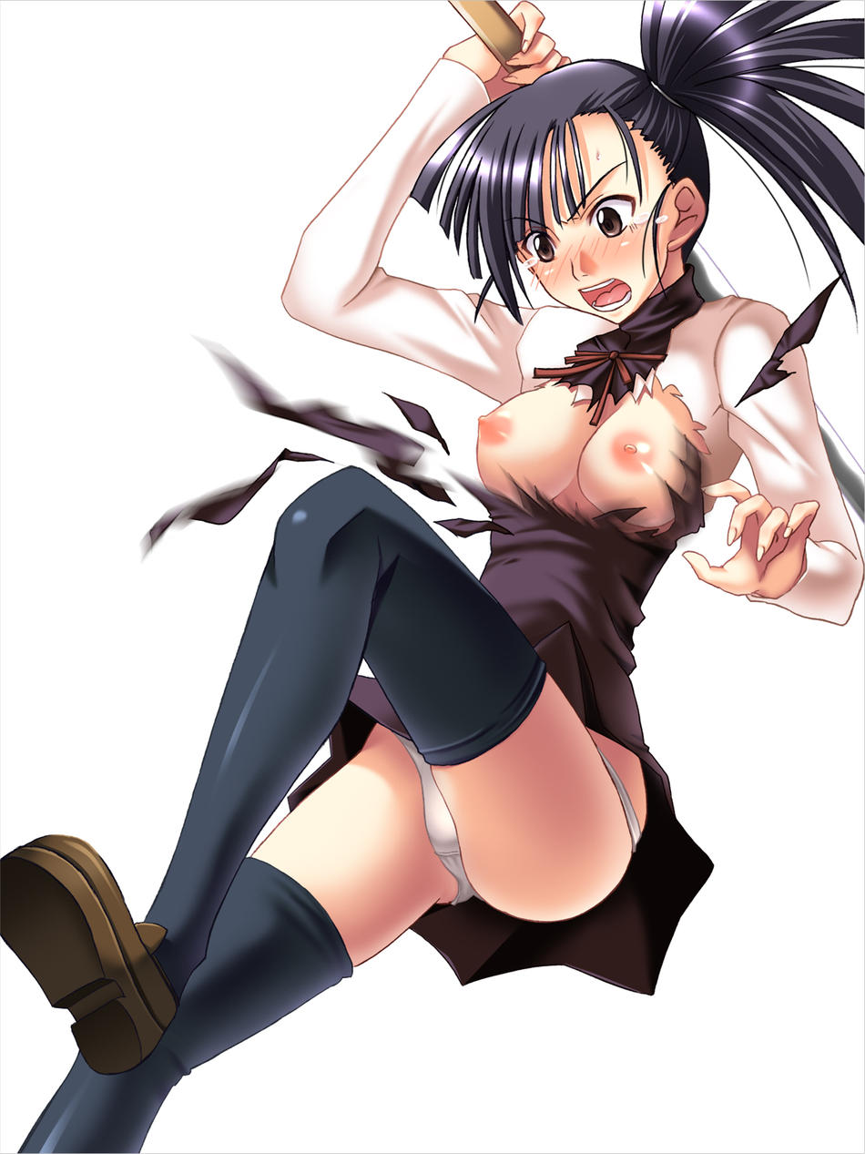 ichimeidou, sakurazaki setsuna, mahou sensei negima!, highres, 00s, 1girl, breasts, female focus, large breasts, nipples, panties, side ponytail, solo, sword, thighhighs, torn clothes, underwear, weapon
