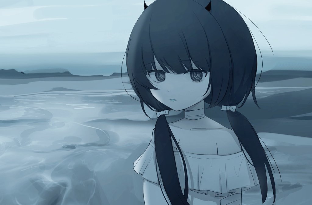 yamata ia, indie virtual youtuber, hashtag-only commentary, 1girl, arazan (ara arazan24), bandages, beach, black eyes, black hair, dark, dress, horns, long hair, looking at viewer, low twintails, off-shoulder dress, off shoulder, outdoors, parted lips, ringed eyes, solo, stitches, twintails, virtual youtuber, white dress