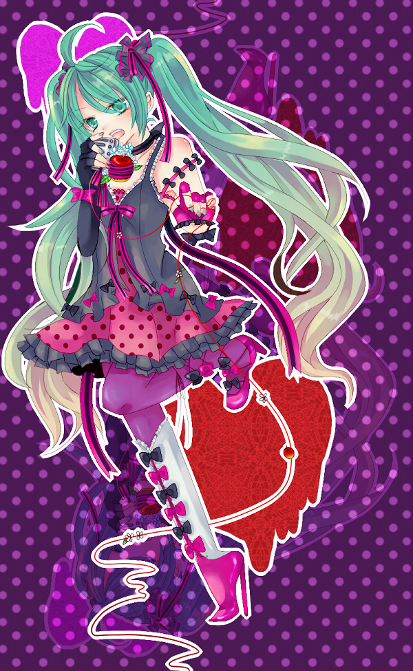 kuroi (pixiv145563), saya0109, hatsune miku, romeo to cinderella (vocaloid), vocaloid, bad id, bad pixiv id, 1girl, ahoge, aqua eyes, aqua hair, asymmetrical clothes, asymmetrical footwear, dress, female focus, fingerless gloves, frills, gloves, green nails, hair ribbon, high heels, long hair, microphone, mismatched footwear, nail polish, pantyhose, pink pantyhose, ribbon, shoes, short dress, solo, twintails