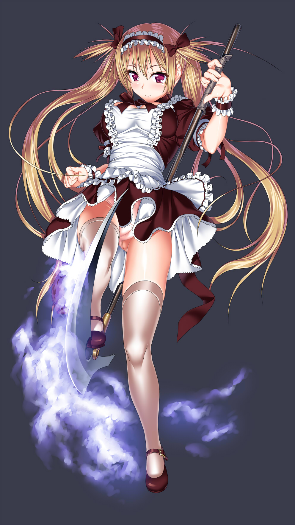 suzume inui, airi (queen's blade), airi (the infernal temptress), queen's blade, highres, 00s, 1girl, alternate color, black thighhighs, blonde hair, bow, breasts, cameltoe, cleavage, female focus, frills, full body, grey thighhighs, hair bow, hairband, leg lift, legs, long hair, maid, mary janes, medium breasts, panties, pantyshot, pink panties, player 2, purple eyes, red eyes, scythe, shoes, simple background, smile, solo, thighhighs, twintails, underwear, very long hair, white panties