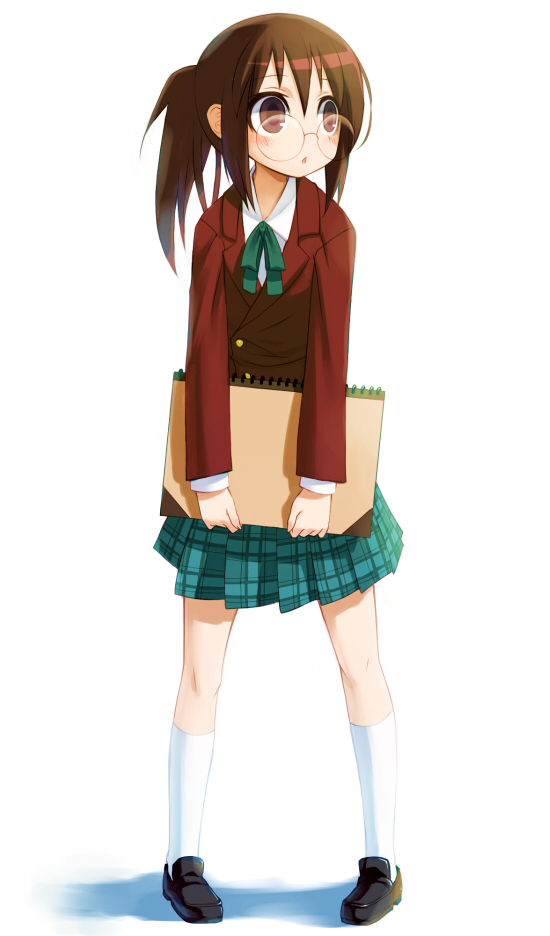 shiden, yamaguchi kisaragi, ga geijutsuka art design class, 00s, 1girl, book, brown hair, female focus, full body, glasses, plaid clothes, plaid skirt, ponytail, ribbon, school uniform, sketchbook, skirt, solo, white background